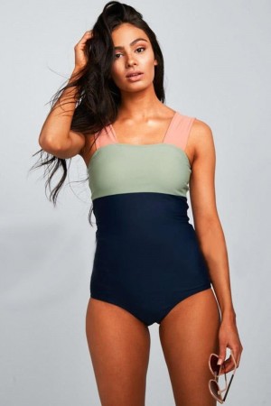 Square Neck Colorblock One Piece Swimsuit