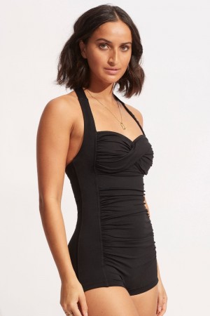 Ruched Panel Boyleg Legline Black One Piece